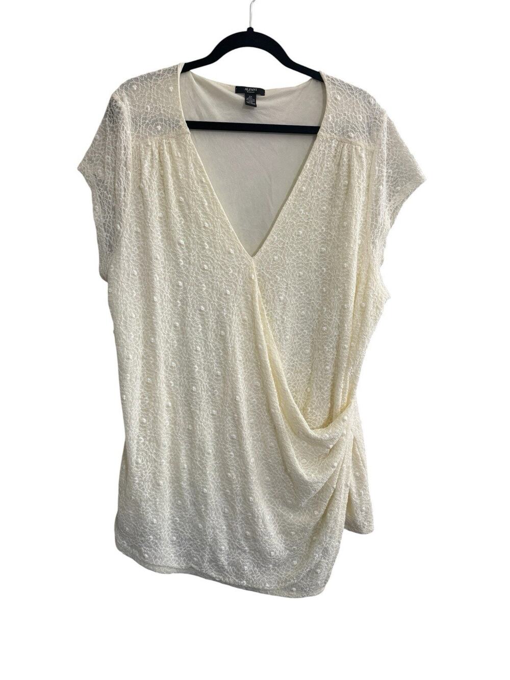 NWT Alfani Plus Size 3X Cream Mesh Lace Draped Cap Sleeve Top Blouse #7255